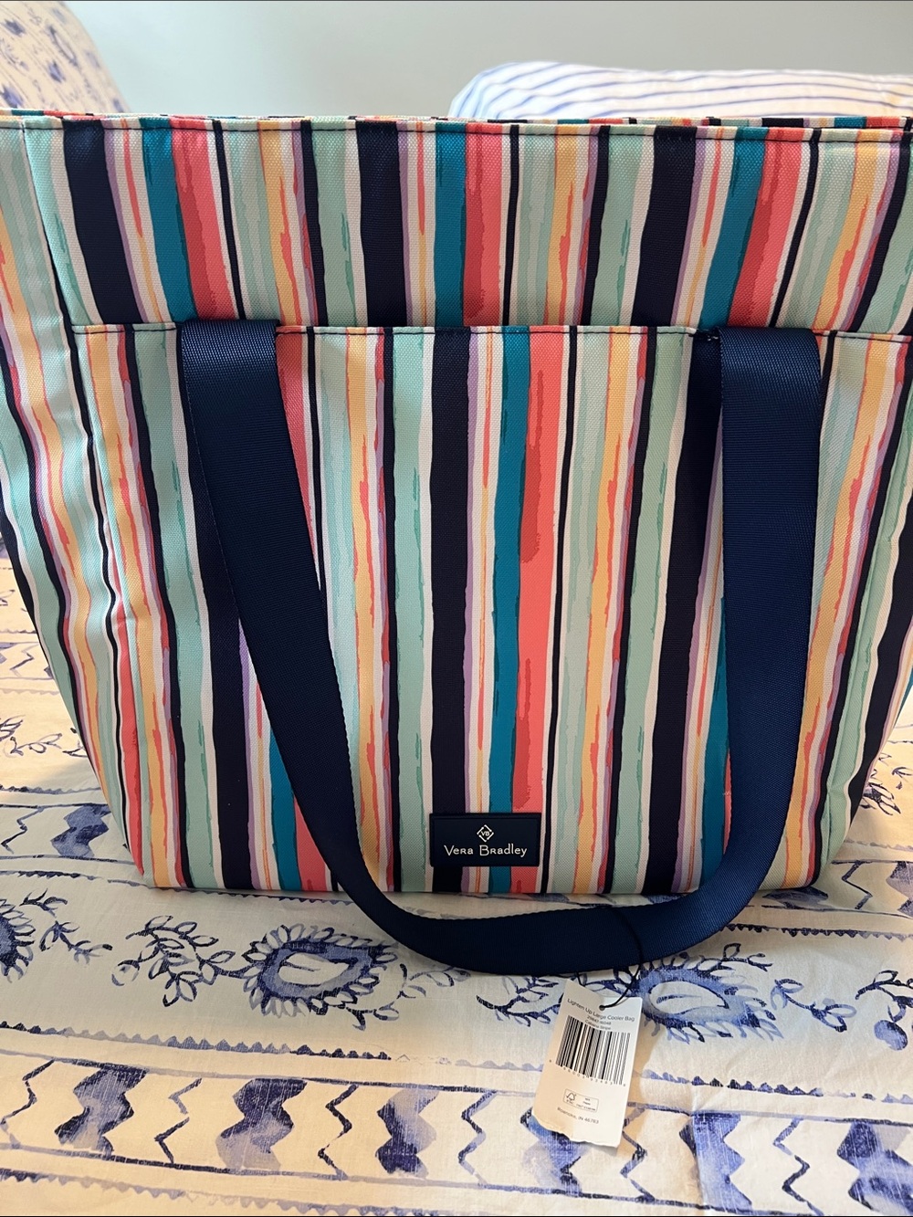 Vera Bradley Striped Multicolor Tote with Navy Handles